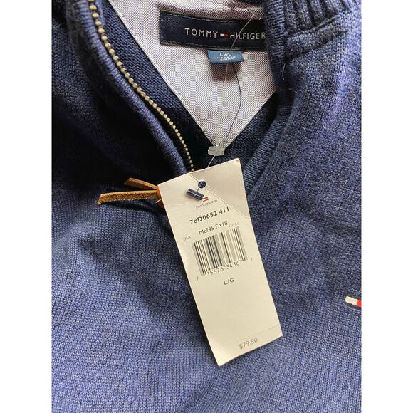 Tommy Hilfiger Men's L 2/2 Zip Pullover Sweater Navy Blue 100% Cotton Basic New - Picture 5 of 6